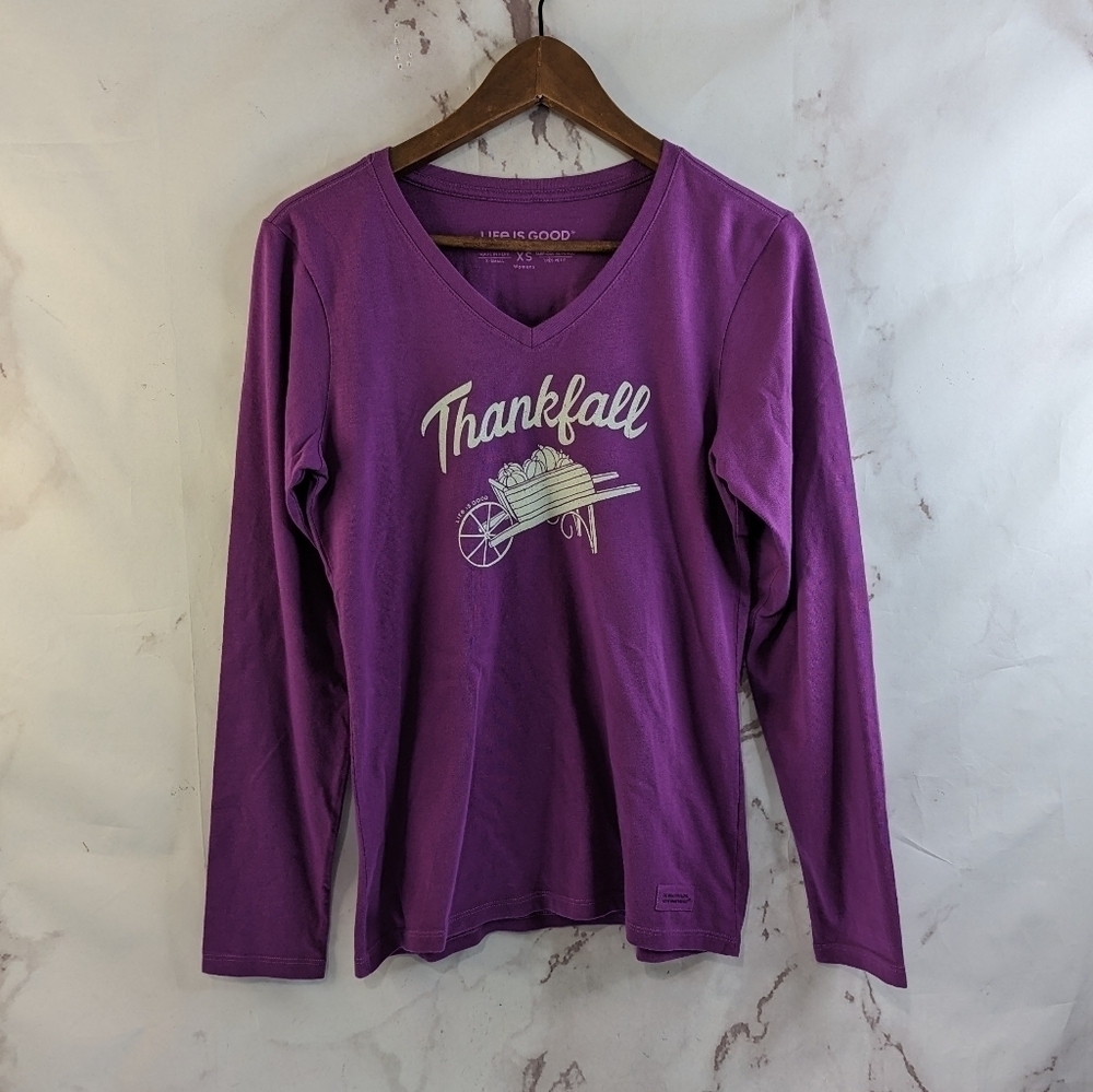 Life Is Good T Shirt Women XS Purple Thankfall Autumn Crusher V Long Sleeve